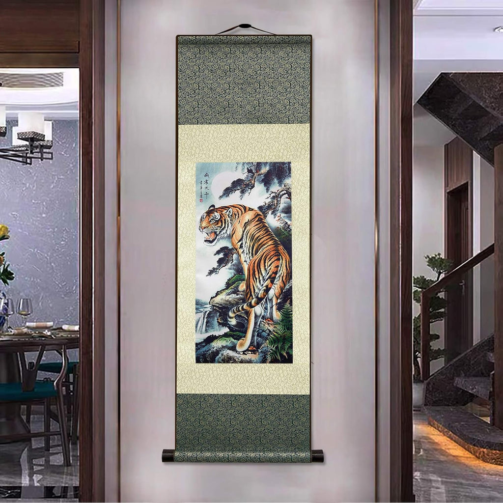 Asian Wall Decor Beautiful Silk Scroll Painting Deterrence Tiger Oriental Decor Chinese Art Wall Scroll Wall Hanging Painting Scroll (36.2 X 12 In)
