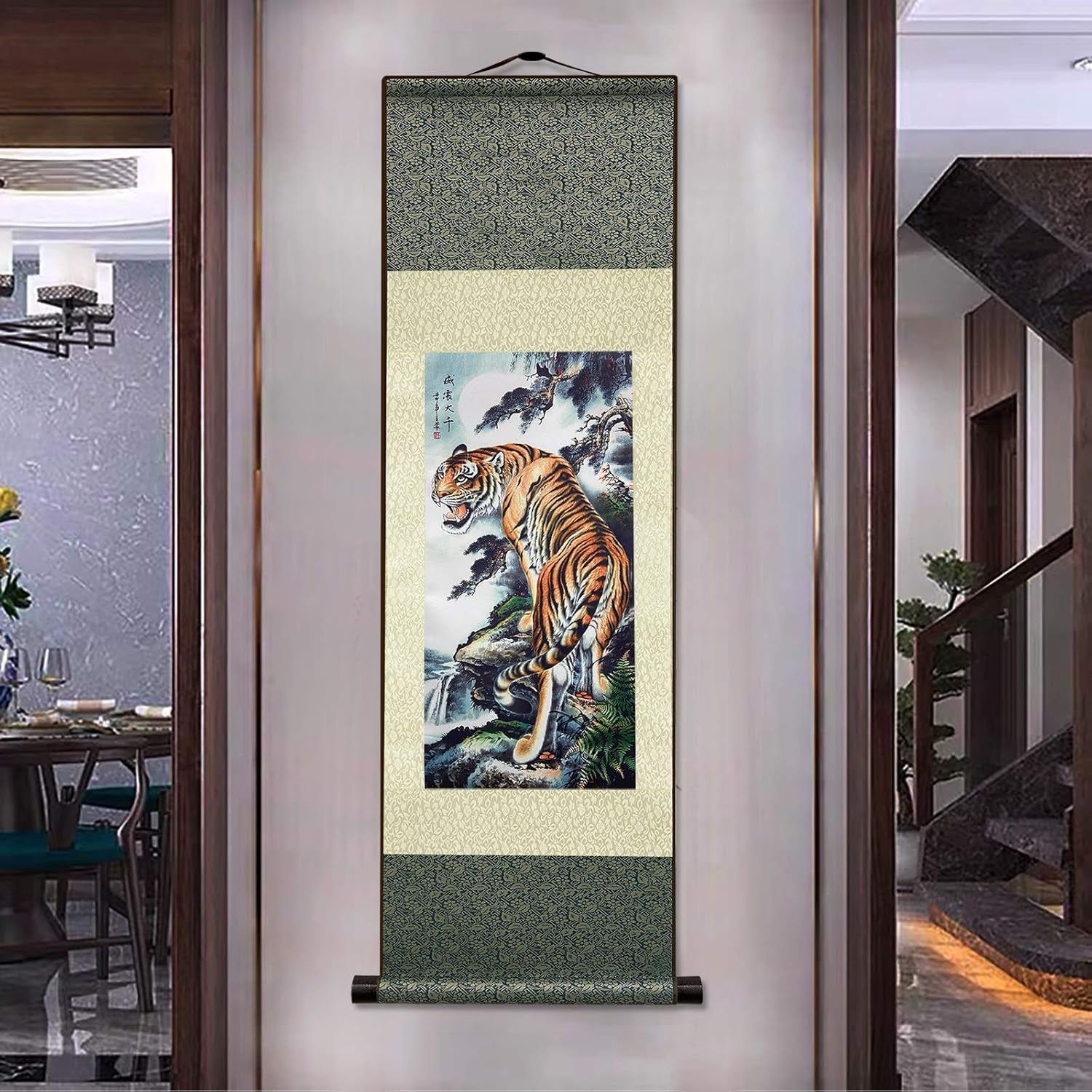 Asian Wall Decor Beautiful Silk Scroll Painting Deterrence Tiger Oriental Decor Chinese Art Wall Scroll Wall Hanging Painting Scroll (36.2 X 12 In)