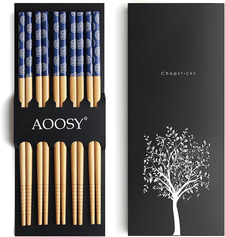 5-Pair Bamboo Chopsticks Reusable Classic Japanese Chop Sticks Gift Set, Dishwasher Safe, Hand-Carved 8.8 Inch/22.5Cm (Blue round Chopsticks with Box)