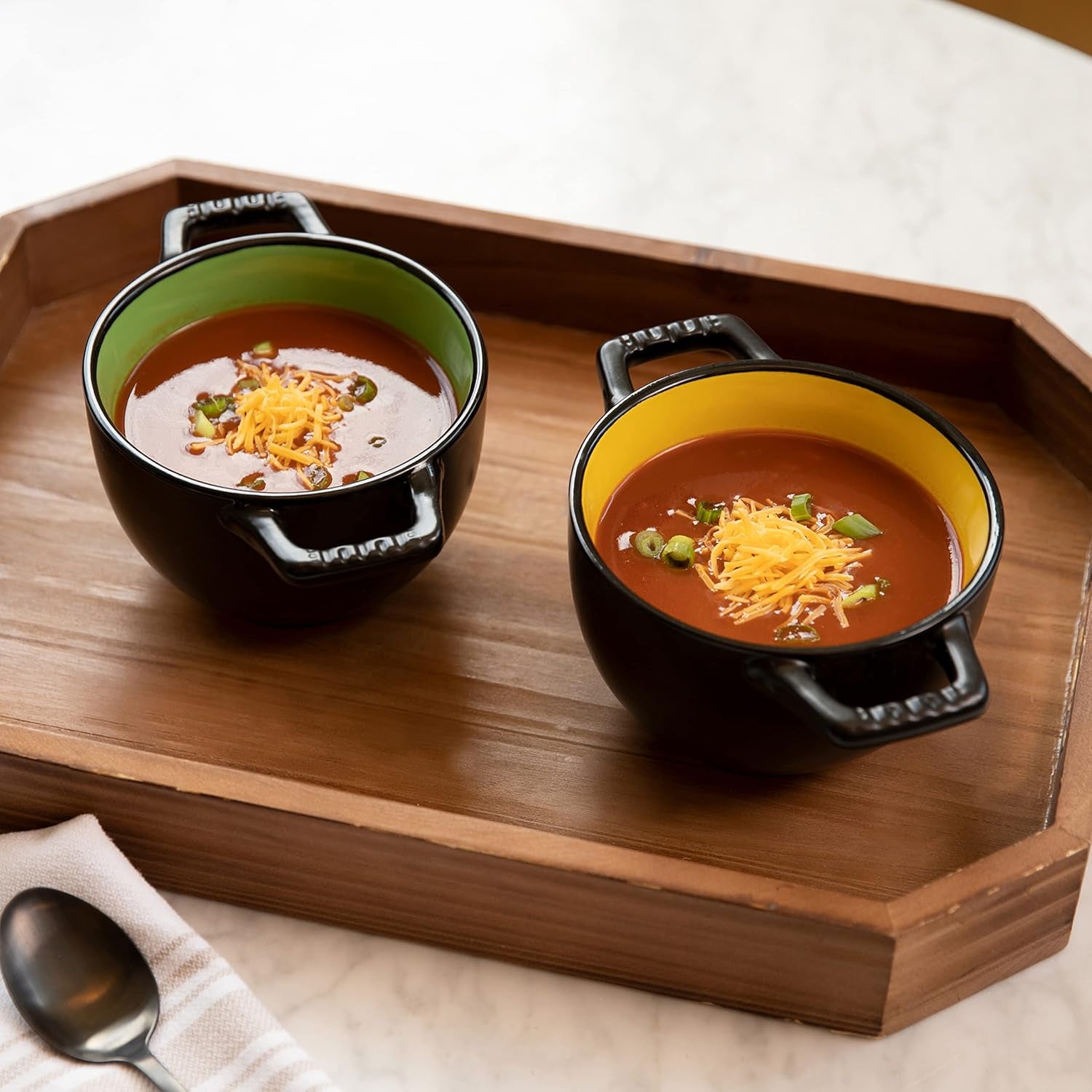 24 Oz French Onion Soup Crocks with Handles, Ceramic Bowls for Rice, Dessert, Pasta, Cereal, Dishwasher, Microwave, Oven & Broil Safe, Set of 4 Soup Mugs, Black/Multicolor