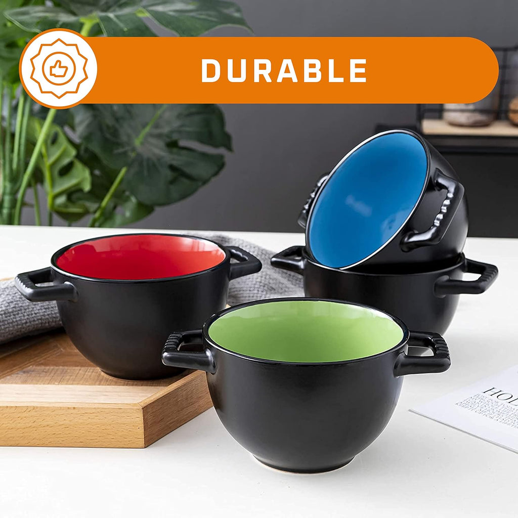 24 Oz French Onion Soup Crocks with Handles, Ceramic Bowls for Rice, Dessert, Pasta, Cereal, Dishwasher, Microwave, Oven & Broil Safe, Set of 4 Soup Mugs, Black/Multicolor