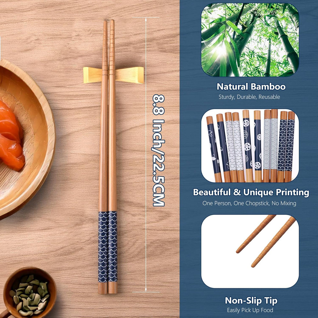 5 Pairs Bamboo Chopsticks Reusable Chop Sticks Japanese Style Bamboo Chopstick with Black Box Lightweight 8.8 Inch/22.5Cm Non-Slip Chopsticks Gift Set